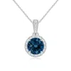 Angara Claw-set Round London Blue Topaz Pendant With Diamond Halo In White Gold/deep Greenish Blue