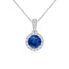 Angara Claw-set Round Sapphire Pendant With Diamond Halo In White Gold/medium To Rich Blue