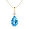 Angara Claw-set Swiss Blue Topaz Drop Pendant With Trio Diamonds In Yellow Gold/light Swiss Blue