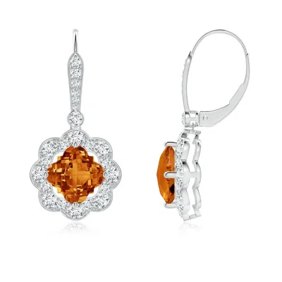 Angara Clover-shaped Citrine Scalloped Halo Drop Earrings In Orange