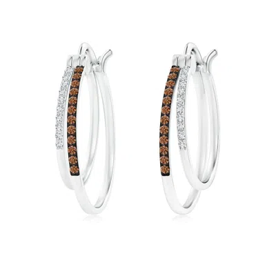 Angara Coffee And White Diamond Studded Double Hoop Earrings In Metallic
