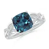 Angara Criss Cross Shank Cushion Lab-grown Alexandrite Engagement Ring In White Gold/bluish Green Changing To Brownish Or Pinkish Purple