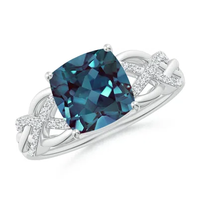 Angara Criss Cross Shank Cushion Lab-grown Alexandrite Engagement Ring In Metallic