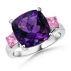 Angara Cushion Amethyst Cocktail Ring With Pink Sapphires In White Gold/medium Dark Purple