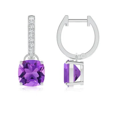 Angara Cushion Amethyst Drop Earrings With Diamond Accents In Purple