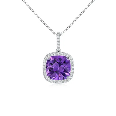 Angara Cushion Amethyst Pendant With Diamond Halo In Purple