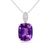 Angara Cushion Amethyst Pendant With Diamond Leaf Bale In White Gold/dark Purple