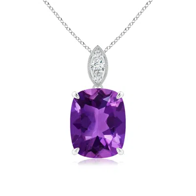 Angara Cushion Amethyst Pendant With Diamond Leaf Bale In Purple