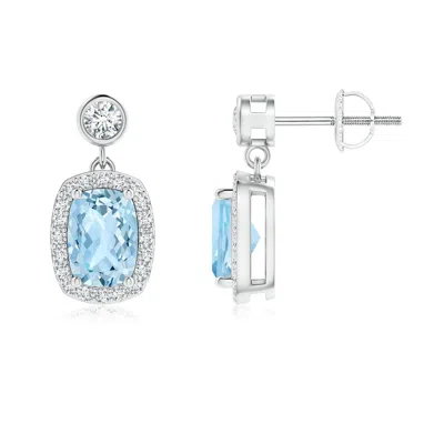 Angara Cushion Aquamarine Dangle Earrings With Diamond Halo In White