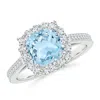 Angara Cushion Aquamarine Engagement Ring With Diamond Halo In White Gold/light Swiss Blue