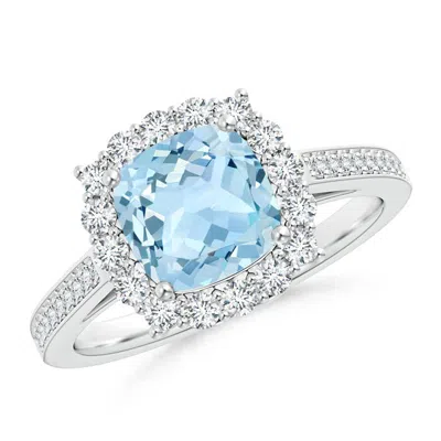 Angara Cushion Aquamarine Engagement Ring With Diamond Halo In Metallic