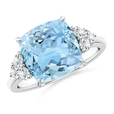 Angara Cushion Aquamarine Engagement Ring With Trio Diamonds In Blue