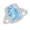 Angara Cushion Aquamarine Halo Ring With Trio Diamonds In White Gold/swiss Blue