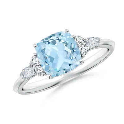 Angara Cushion Aquamarine Side Stone Engagement Ring With Diamonds In Metallic