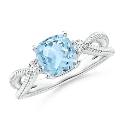 Angara Cushion Aquamarine Split Shank Ring With Rope Detailing In Metallic
