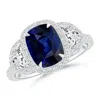 Angara Cushion Blue Sapphire And Half Moon Diamond Halo Ring In White Gold/medium To Rich Blue