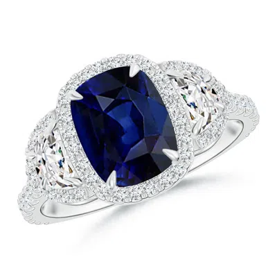 Angara Cushion Blue Sapphire And Half Moon Diamond Halo Ring In Metallic