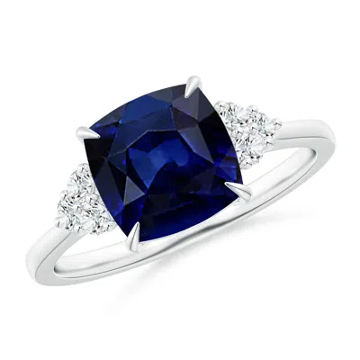 Angara Cushion Blue Sapphire Engagement Ring With Trio Diamonds