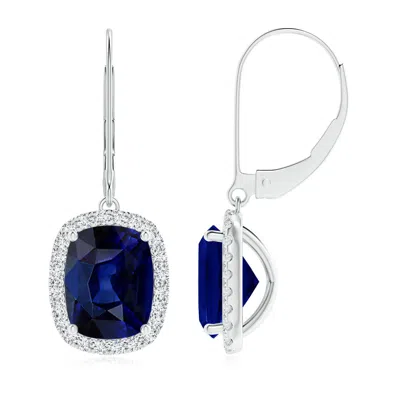 Angara Cushion Blue Sapphire Leverback Earrings With Diamond Halo