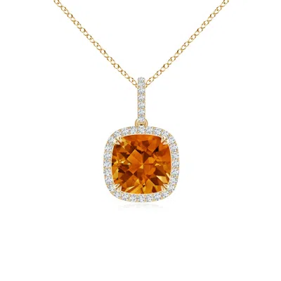Angara Cushion Citrine Pendant With Diamond Halo In Orange