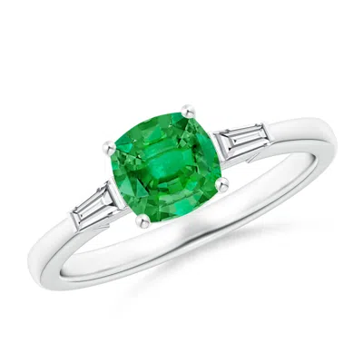 Angara Cushion Emerald Engagement Ring With Bar-set Tapered Baguette Diamonds In Green