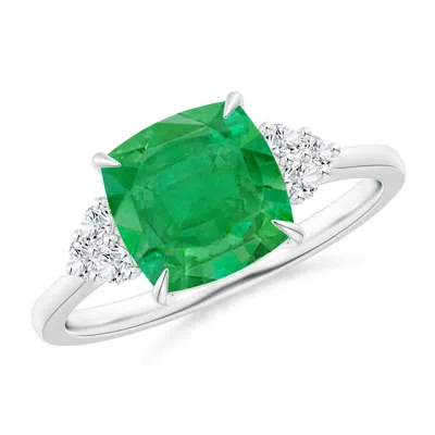 Angara Cushion Emerald Engagement Ring With Trio Diamonds In Green