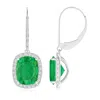 Angara Cushion Emerald Leverback Earrings With Emerald Halo In White Gold/medium Green