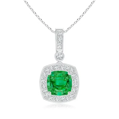 Angara Cushion Emerald Pendant With Diamond Halo In Metallic