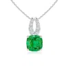 Angara Cushion Emerald Pendant With Diamonds In White Gold/rich Medium Green
