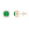Angara Cushion Emerald Studs With Diamond Halo In Rose Gold/rich Medium Green