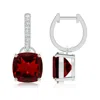 Angara Cushion Garnet Drop Earrings With Diamond Accents In White Gold/rich Red