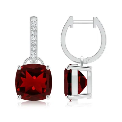 Angara Cushion Garnet Drop Earrings With Diamond Accents In Red
