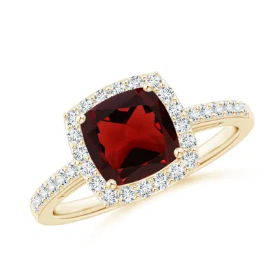 Angara Cushion Garnet Engagement Ring With Diamond Halo In Red