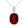 Angara Cushion Garnet Pendant With Diamond Leaf Bale In White Gold/rich Brownish Red