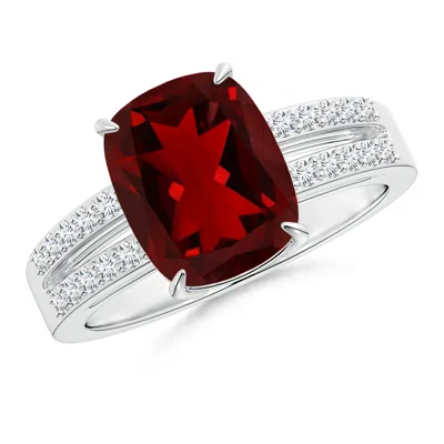 Angara Cushion Garnet Split Shank Ring With Diamond Accents In Metallic