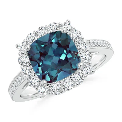 Angara Cushion Lab-grown Alexandrite Cocktail Ring With Diamond Halo In Blue