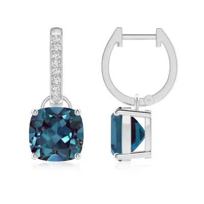 Angara Cushion Lab-grown Alexandrite Drop Earrings With Diamond Accents In Metallic