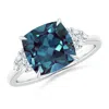 Angara Cushion Lab-grown Alexandrite Engagement Ring With Trio Diamonds In White Gold/bluish Green Changing To Brownish Or Pinkish Purple