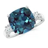 Angara Cushion Lab-grown Alexandrite Solitaire Ring With Diamond Accents In White Gold/bluish Green Changing To Brownish Or Pinkish Purple