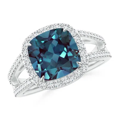 Angara Cushion Lab-grown Alexandrite Split Shank Ring With Diamond Halo In Blue
