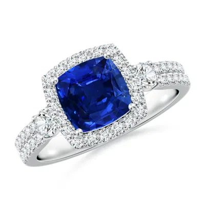 Angara Cushion Lab-grown Blue Sapphire Halo Double Shank Engagement Ring In Metallic