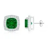 Angara Cushion Lab-grown Emerald Floating Halo Stud Earrings In Platinum/rich Green