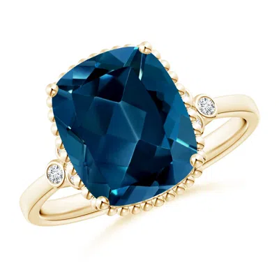 Angara Cushion London Blue Topaz Beaded Halo Ring With Diamonds In Gold