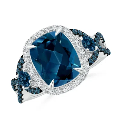 Angara Cushion London Blue Topaz Crossover Ring With Diamond Halo In Pattern
