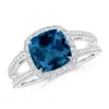 Angara Cushion London Blue Topaz Split Shank Ring With Diamond Halo In White Gold/greenish Blue