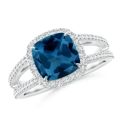 Angara Cushion London Blue Topaz Split Shank Ring With Diamond Halo In Metallic