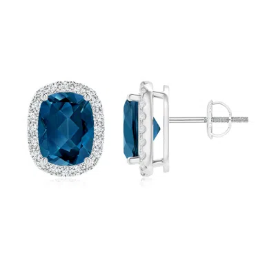 Angara Cushion London Blue Topaz Stud Earrings With Diamond Halo