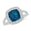 Angara Cushion London Blue Topaz Twisted Rope Ring With Diamond Halo In White Gold/deep Greenish Blue