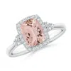 Angara Cushion Morganite Halo Ring With Trio Diamonds In White Gold/peach