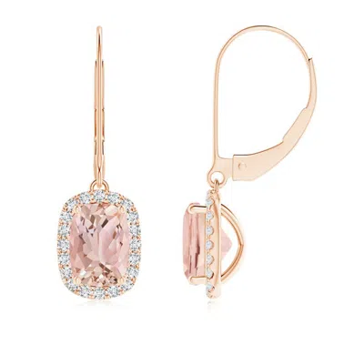 Angara Cushion Morganite Leverback Earrings With Diamond Halo In Gold